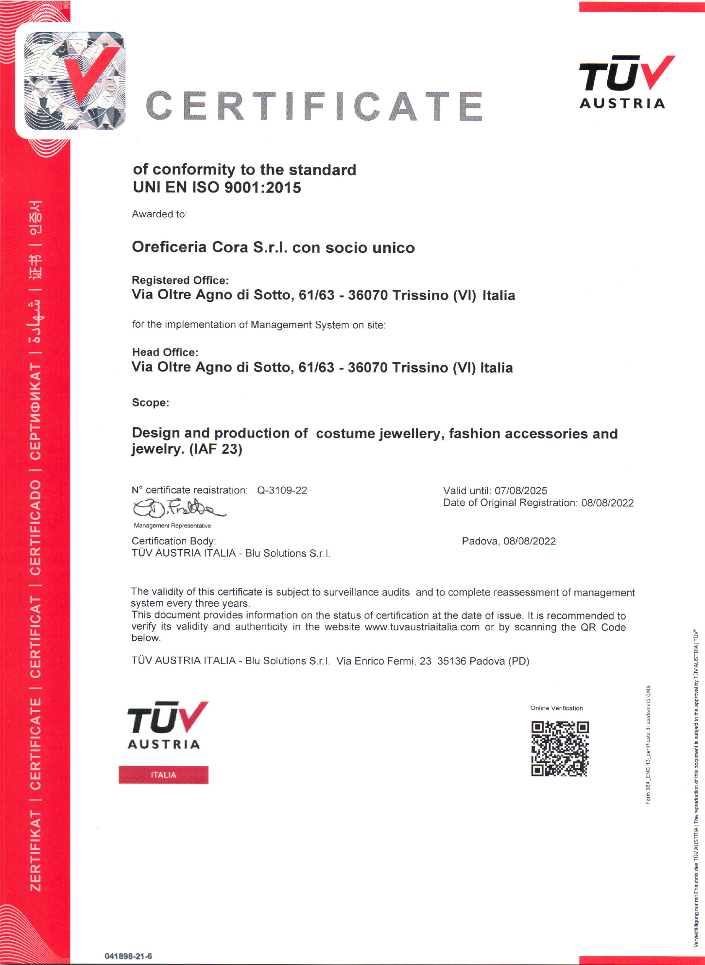 certificato TUV italiano